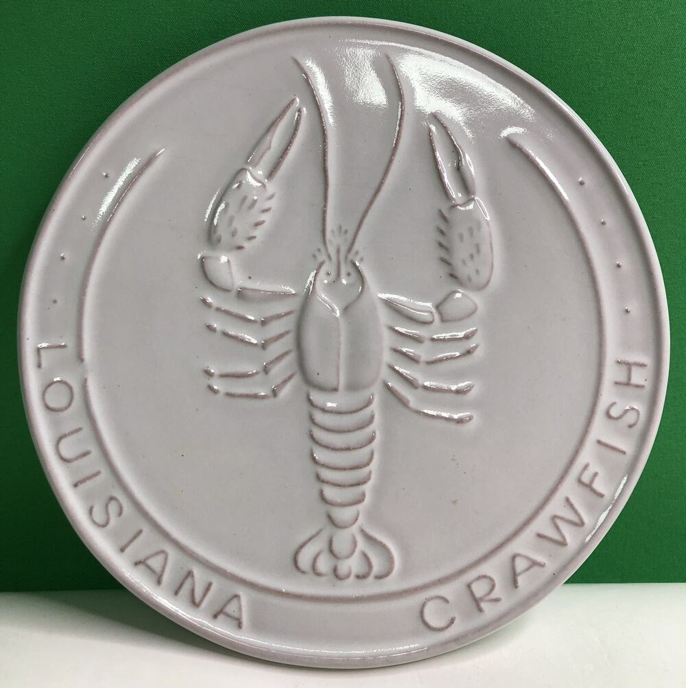 Vintage FRANKOMA Art Pottery Louisianna Crawfish White Round Trivet Souvenir